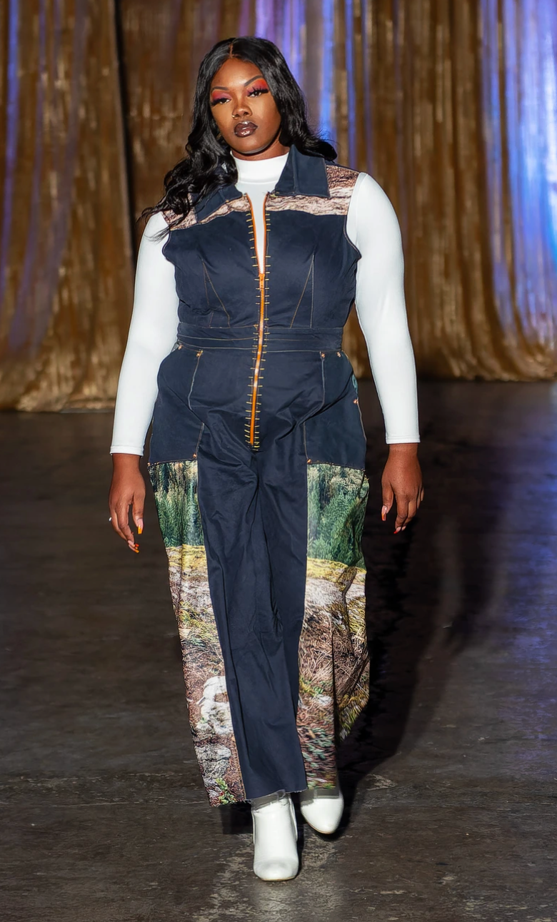 PANELED DENIM JUMPSUIT